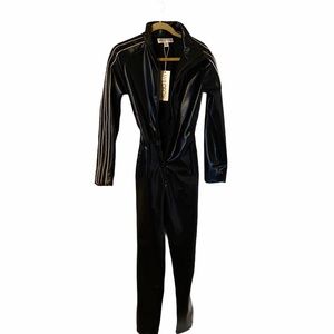Vintage Black Faux Leather Jumpsuit with Stripe Detail